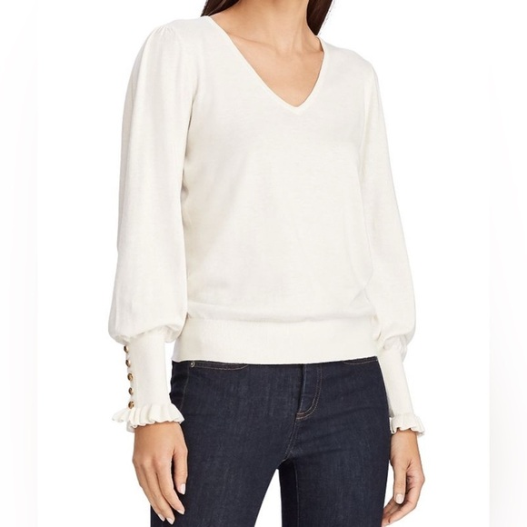 Ralph Lauren Sweaters - Lauren Ralph Lauren Button Cuff Sweater Women’s Large Ivory V-Neck Knit Cotton